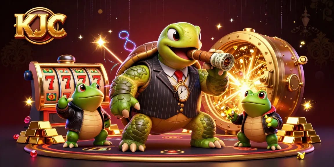 KJC engages players in a thrilling online casino experience with a vibrant 3D illustration of a snapping turtle and bullfrog enforcers amid spinning slot reels.