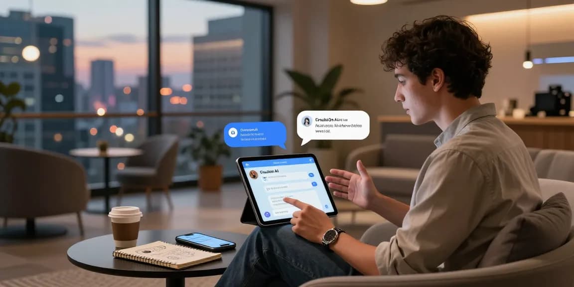 Engaged user interacting with CrushOn AI in a modern tech lounge.