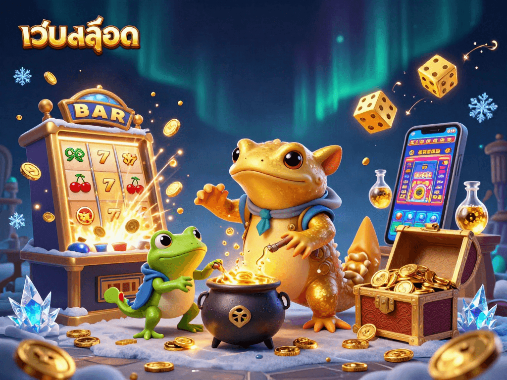 Win big with เว็บสล็อต in this vibrant, 3D illustration of a magical casino scene.