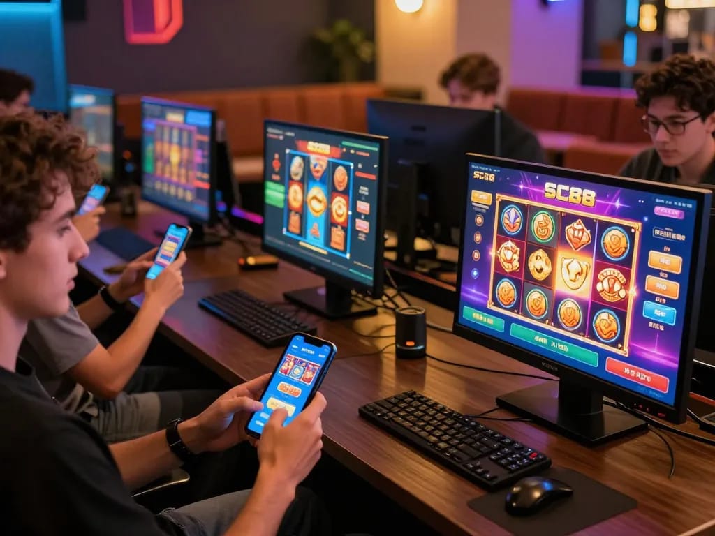 Players enjoying the SC88 mobile app for online gambling, showcasing an engaging gaming experience at https://sc88e.com/ with vibrant visuals and dynamic atmosphere