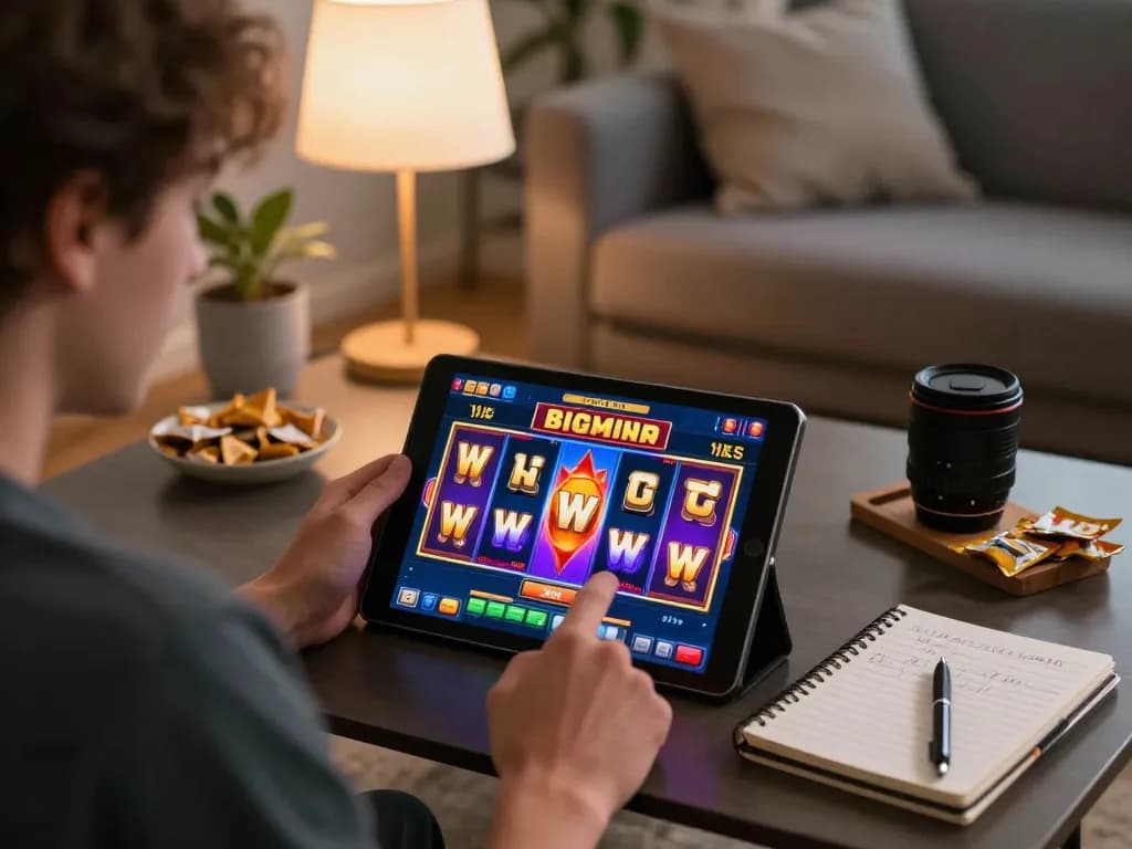 Engaging situs slot gameplay on a tablet, showcasing exciting bonuses in a cozy living room atmosphere.