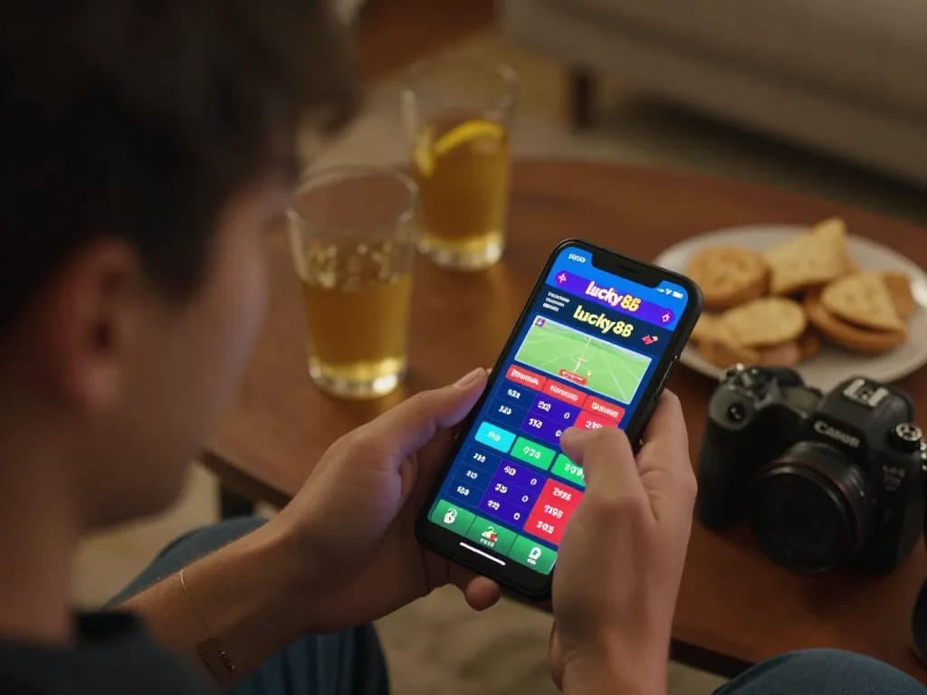 Player engaging with lucky88 sports betting app on smartphone in cozy home setting