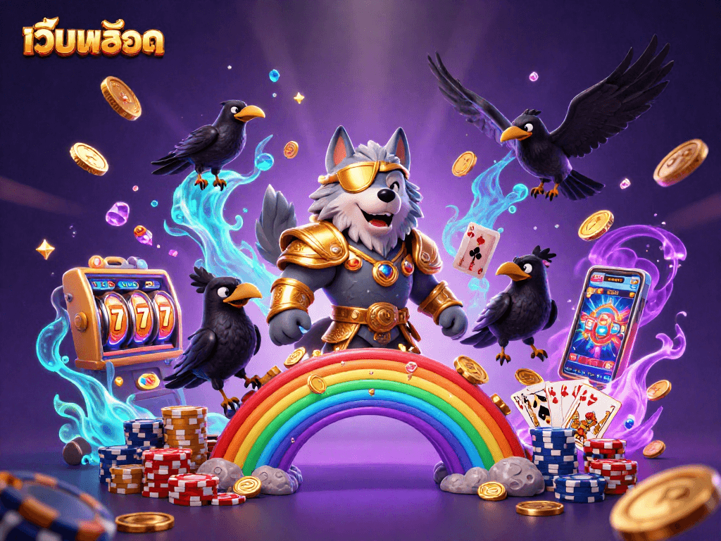 Experience เว็บสล็อต excitement with cascading coins and dynamic slot reels in a vibrant casino scene.