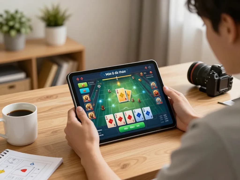 Playing game bài đổi thưởng on a tablet with strategy notes, creating a cozy gaming atmosphere.