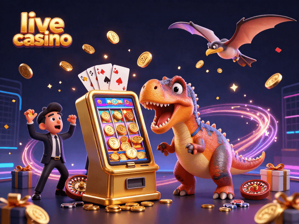 Dynamic scene showcasing live casino excitement with cartoon dinosaurs and vibrant games