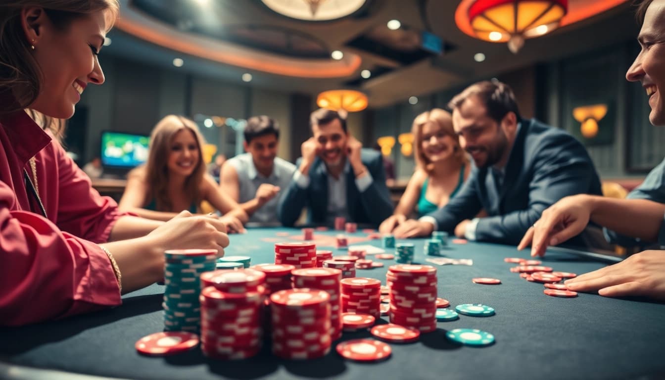 Spannende Spieler beim casino spielen online mit bunten Chips und Karten auf dem Tisch.