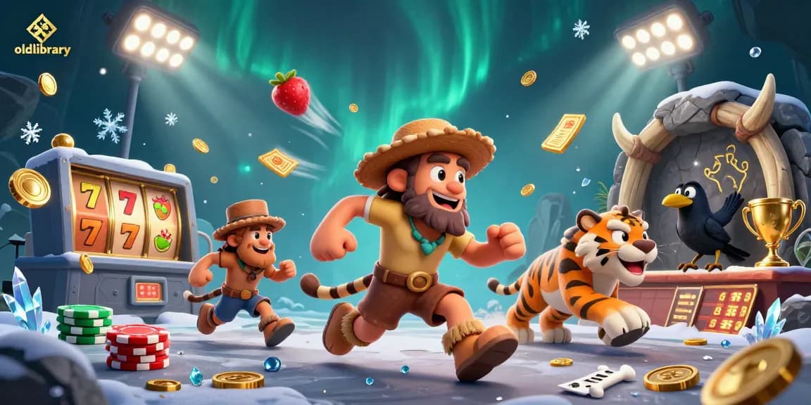 Bet on excitement with oldlibrary's prehistoric casino featuring caveman hosts and vibrant elements.