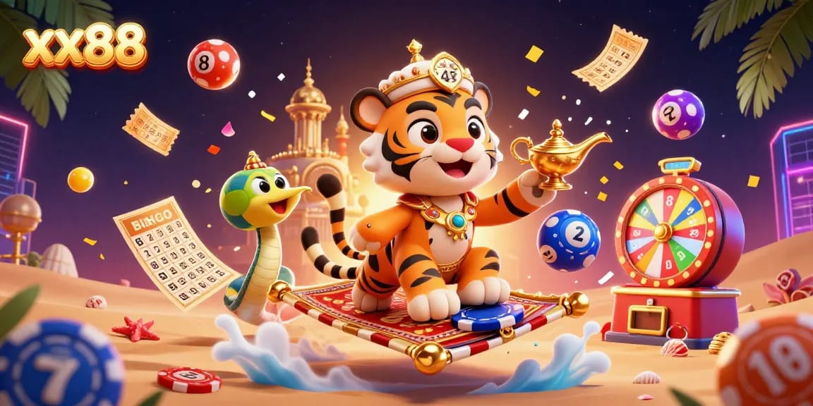 Join the excitement of xx88 with a vibrant casino scene featuring a tiger sultan and dynamic gaming elements.
