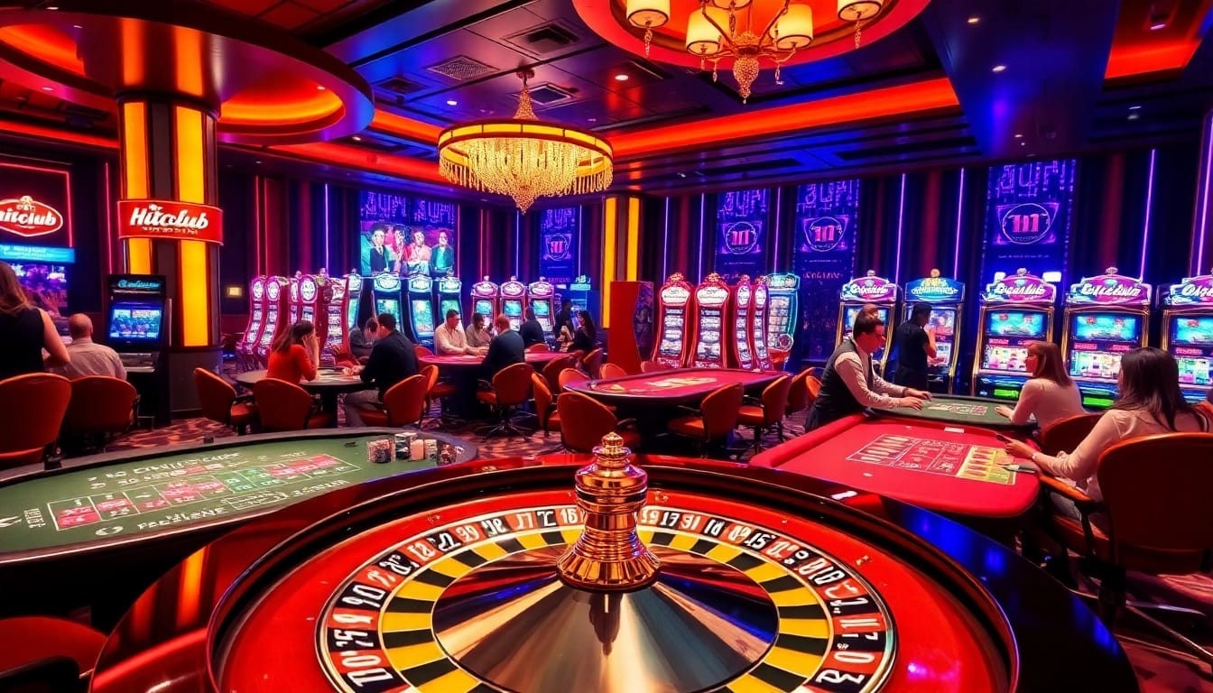 Hitclub casino players enjoying roulette and poker in a vibrant gambling scene.