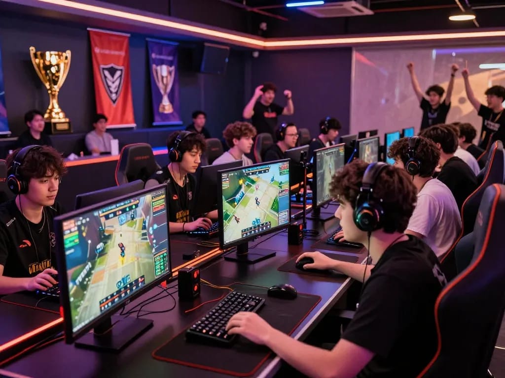 TR88 esports betting scene with players strategizing on gaming stations amidst live match displays.