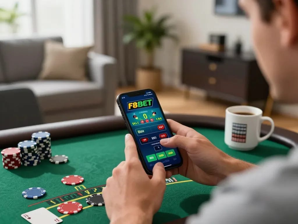 Player interacting with F8BET app on smartphone during strategic mobile gambling session