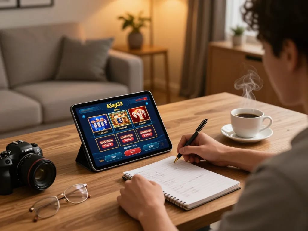 Player using King33 app for online casino gaming at home, focusing on strategic gameplay and cozy atmosphere.