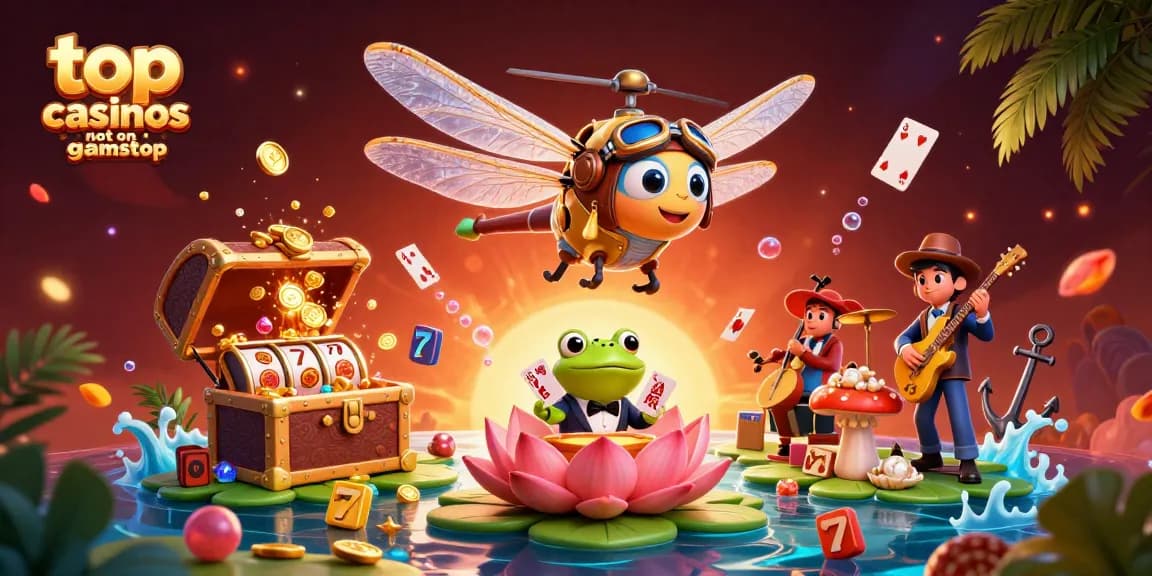 Engage with top casinos not on gamstop showcasing a vibrant 3D dragonfly pilot and frog croupier.