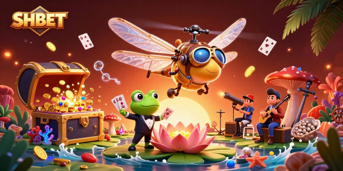 Experience thrilling gaming excitement at SHBET's vibrant lily pad casino scene with dynamic characters.