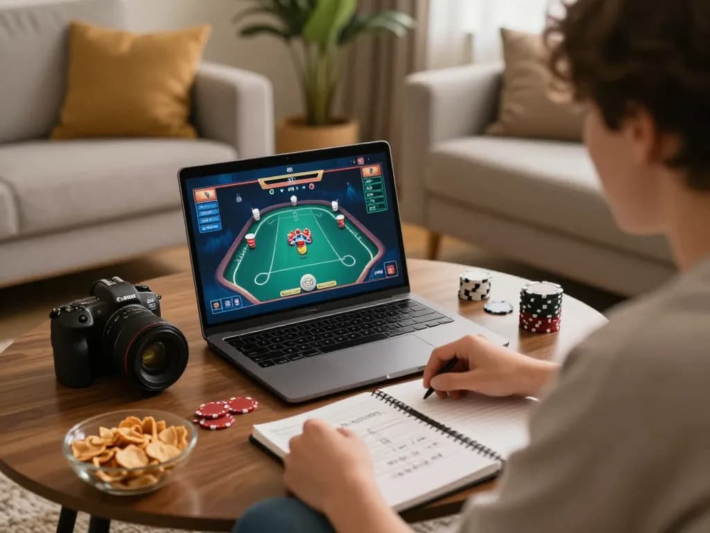 Cucu777 player strategizing for an online poker game at home with snacks and a laptop