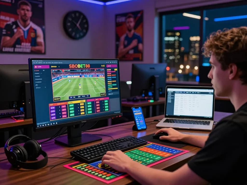 SBOBET88 betting scene with vibrant gaming graphics, player engaging in online sports betting.