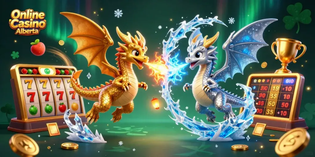 Engage with thrilling games at Online Casino Alberta featuring gold and silver dragons in an enchanting atmosphere.