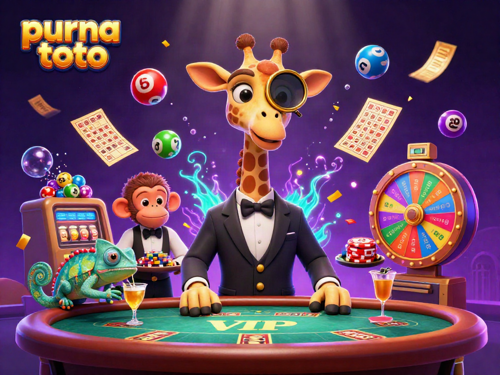 Bermain purna toto di kasino dengan karakter kerbau dan minuman emas, dikelilingi bola lotere berwarna.
