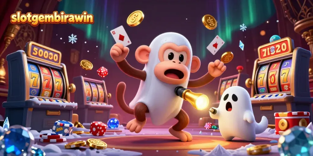Play exciting games at slotgembirawin with a playful ghostly monkey and curious puppy in a haunted casino adventure.