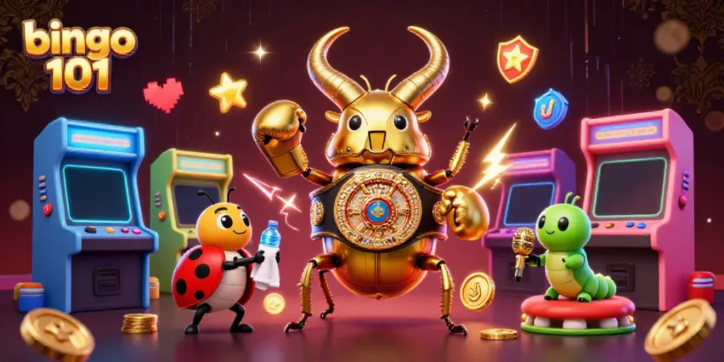 Experience bingo 101 excitement with a golden stag beetle champion squaring off in this vibrant 3D illustration.