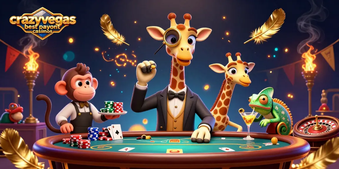 Experience the excitement at crazyvegas best payout casinos with a high-roller giraffe, poker chips, and vibrant casino atmosphere.