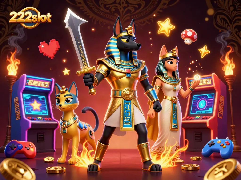 Taruhan seru dengan 222slot, bersama Anubis dan Bastet di kasino virtual yang megah.
