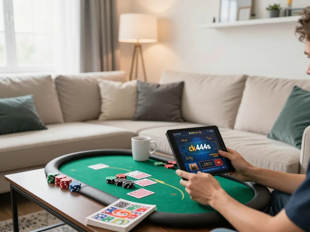 Engaging in online gaming on ck444s platform with poker chips and notes nearby