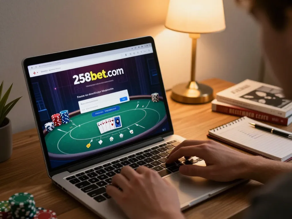 Playing poker online with 258bet com login visible on screen, showcasing engaging home gaming atmosphere.