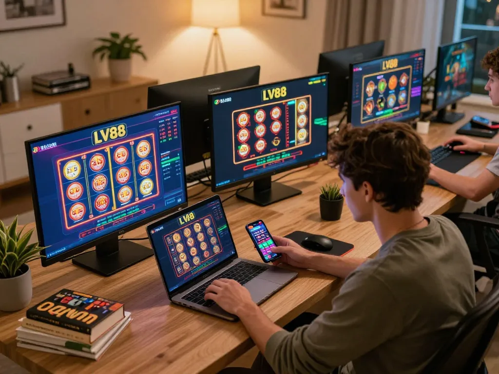 Player engaging in online gaming at LV88, showcasing multiple casino games in a cozy home environment.