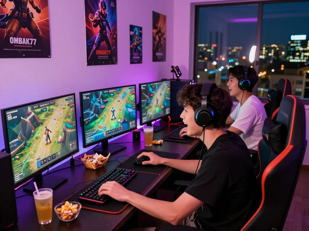 Dynamic gaming setup showcasing OMBAK77 with an enthusiastic player engaged in gameplay.