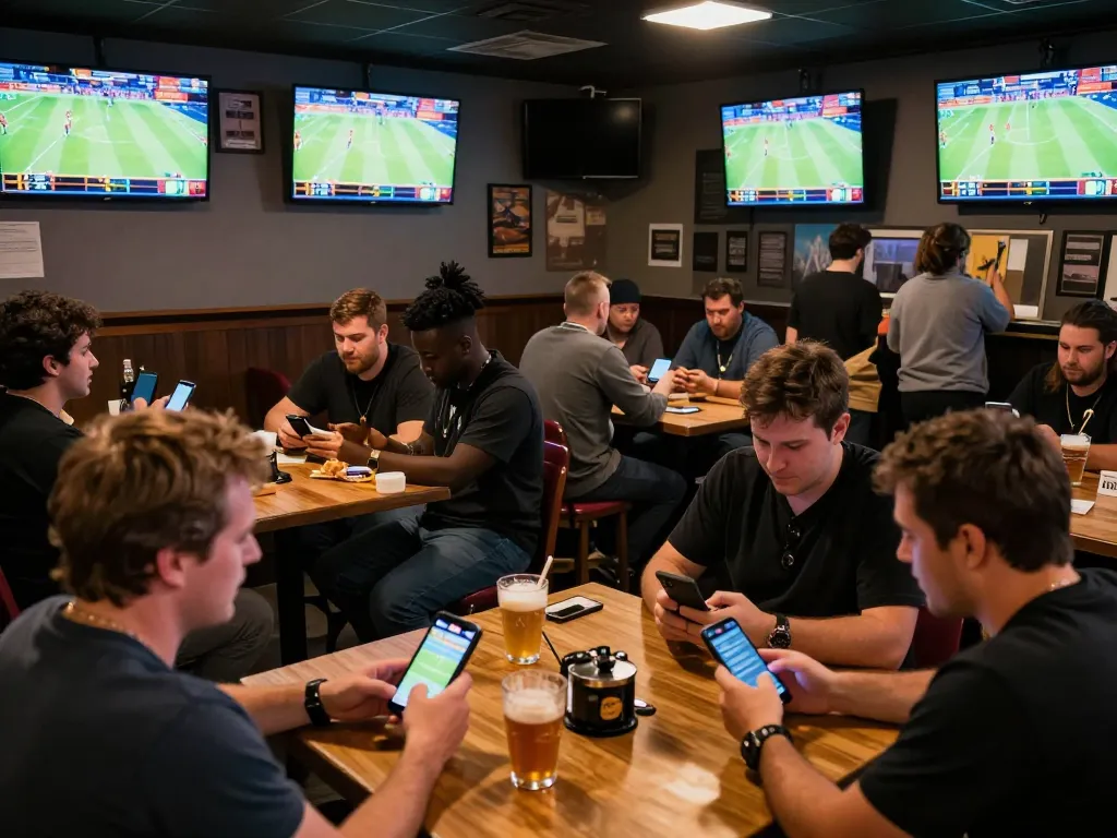 Excited bettors engaging on mobile apps for zbet sports betting at a lively sports bar