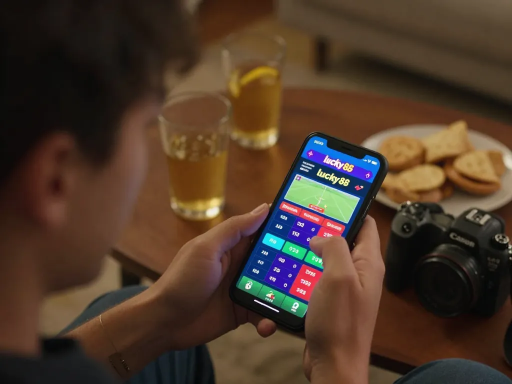 Player engaging with lucky88 sports betting app on smartphone in cozy home setting