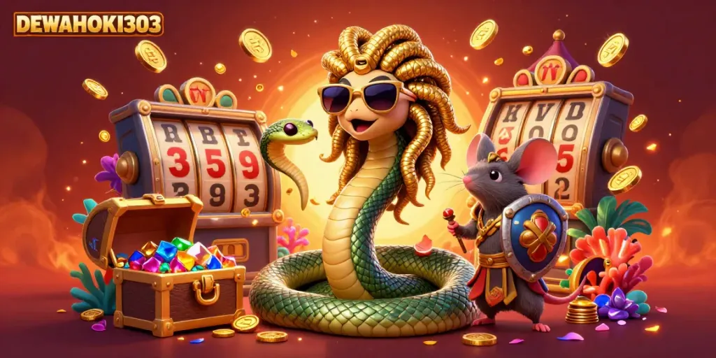 DEWAHOKI303 menciptakan momen jackpot yang penuh warna dengan Medusa dan mouse pejuang yang ceria.