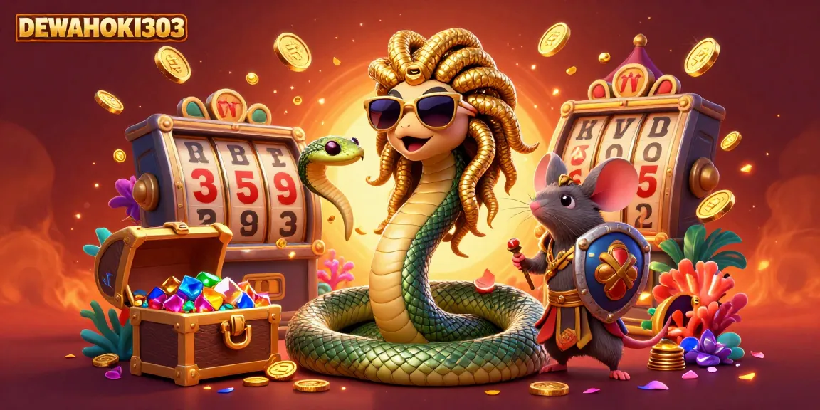 DEWAHOKI303 menciptakan momen jackpot yang penuh warna dengan Medusa dan mouse pejuang yang ceria.