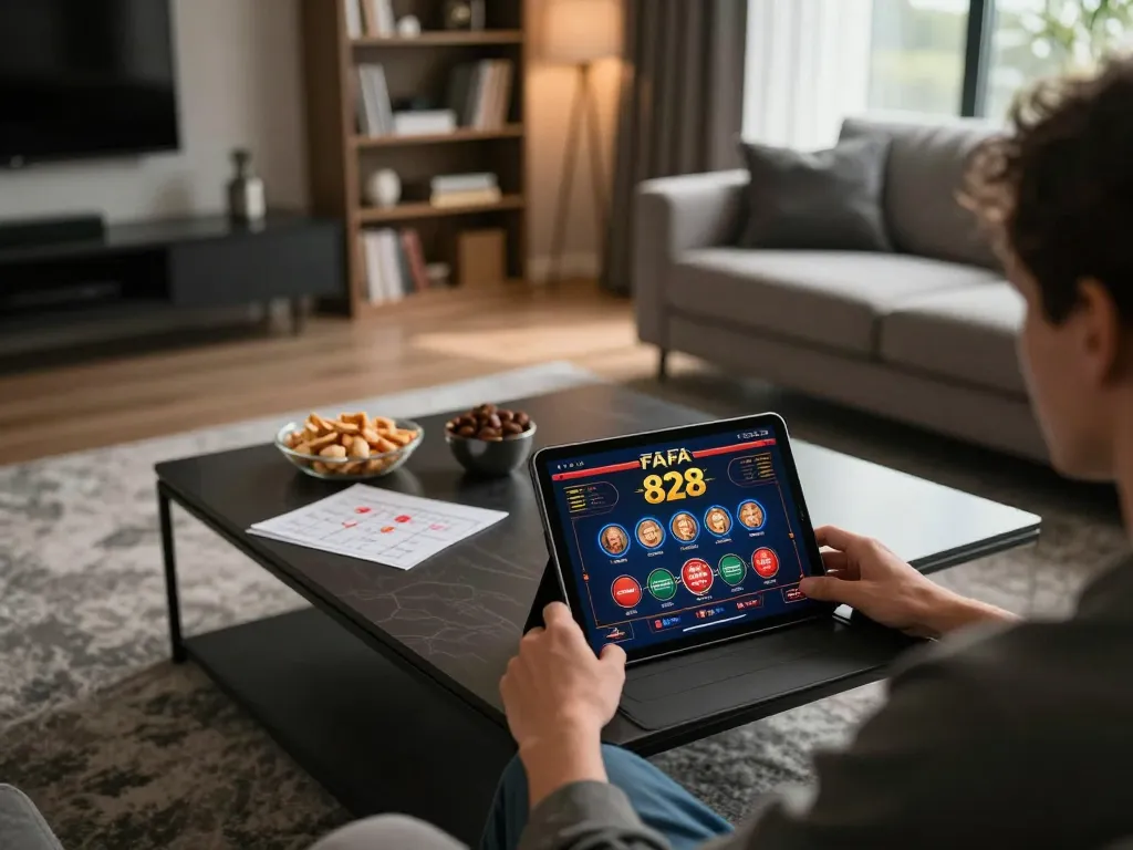 Engaged player exploring FAFA 828 online casino on tablet in a cozy living room.
