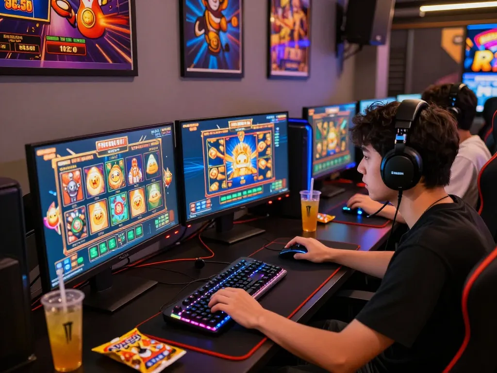 Pemain yang terlibat menikmati permainan situs slot di setup desktop yang cerah dengan visual yang berwarna-warni.