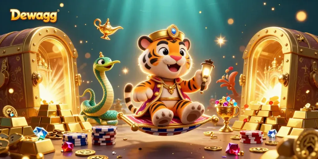 Dewagg brings excitement to online betting with vibrant 3D casino illustration showcasing a tiger sultan and gaming treasures.