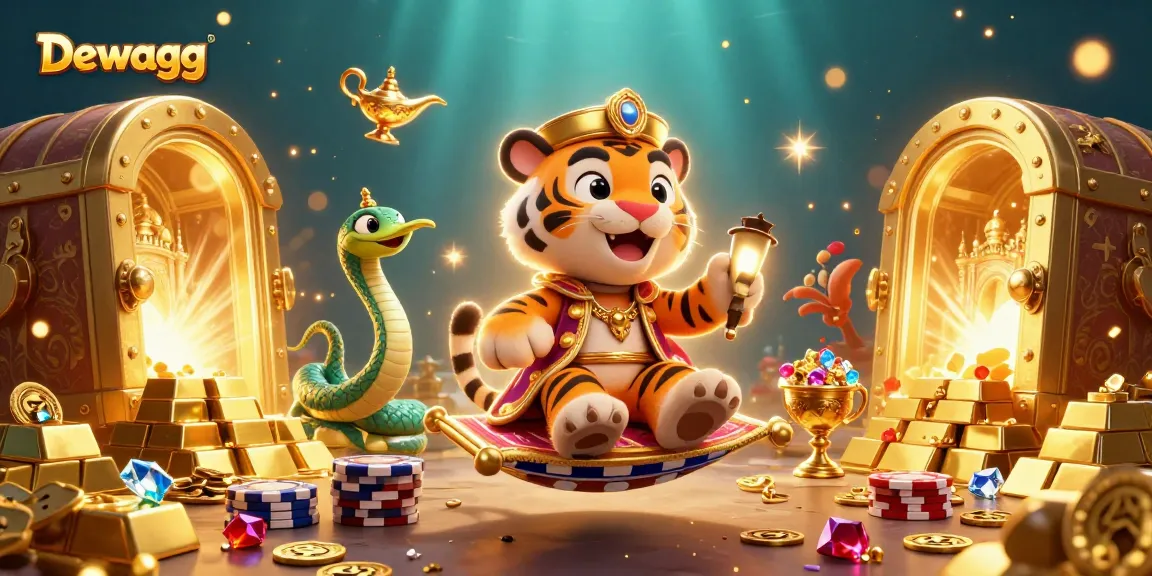 Dewagg brings excitement to online betting with vibrant 3D casino illustration showcasing a tiger sultan and gaming treasures.