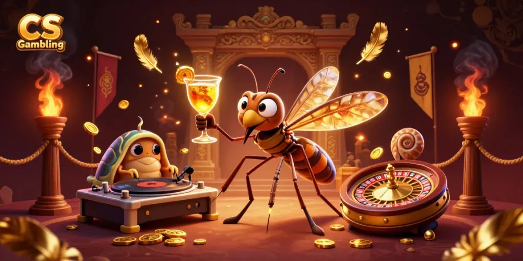 CS Gambling scene featuring a cartoon mosquito, trilobite DJ, and a roulette wheel amidst gold coins.