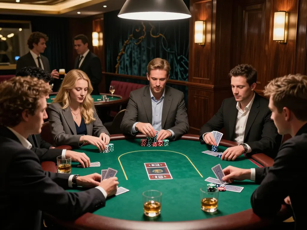 Players strategizing in a high-stakes poker game at Fabet, surrounded by luxury decor and attentive ambiance.