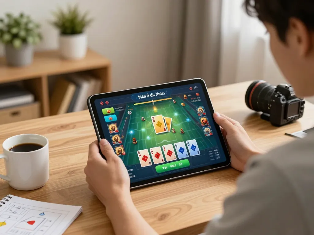 Playing game bài đổi thưởng on a tablet with strategy notes, creating a cozy gaming atmosphere.