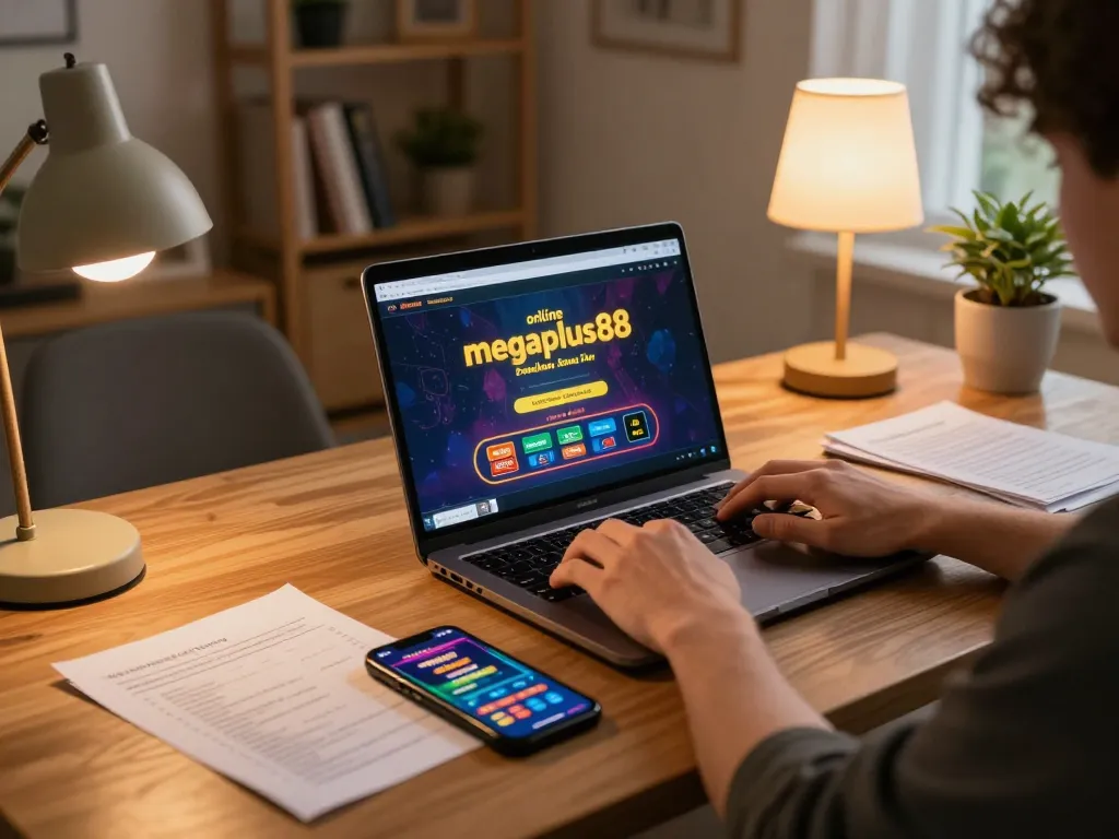 Engaging online gaming setup showcasing megaplus88 on laptop, fostering responsible gambling.