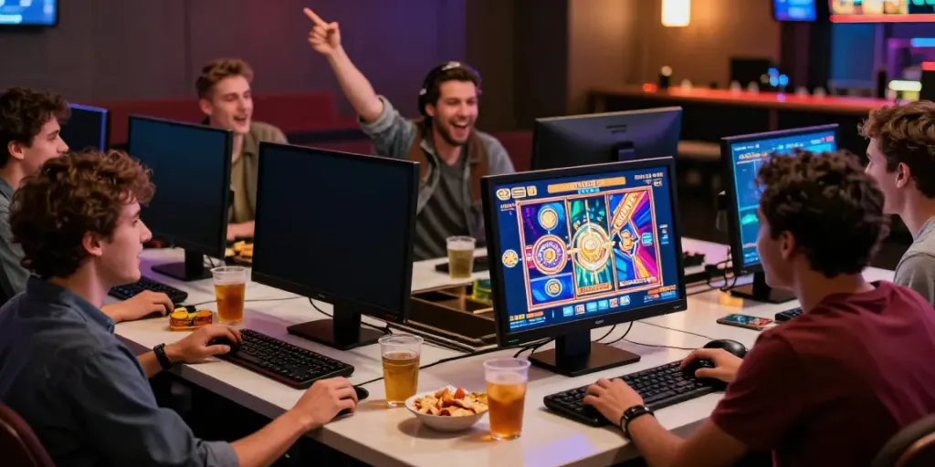 Friends enjoying an exciting online gaming session with akunjp, vibrant slot graphics, and a lively atmosphere.