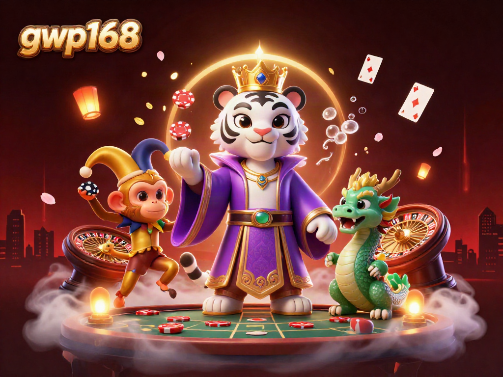 GWP168 menghadirkan suasana Casino Live dengan harimau putih elegan, monyet mengocok chip poker, dan elemen permainan yang megah.