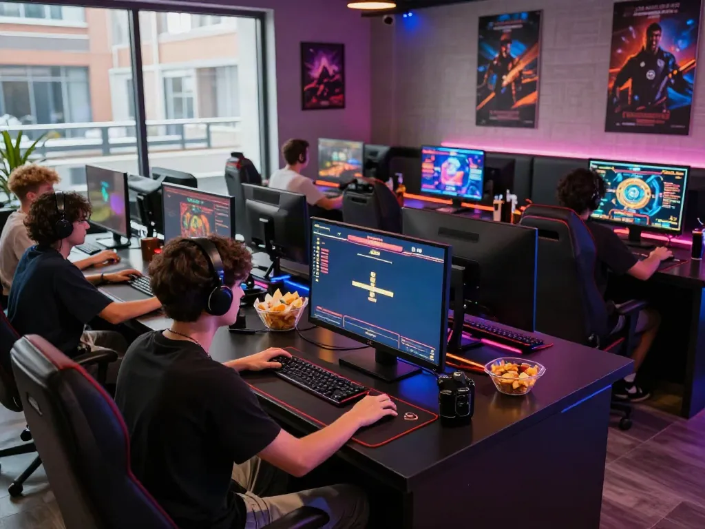 A80 gaming lounge with diverse players enjoying online casino games and vibrant ambiance.