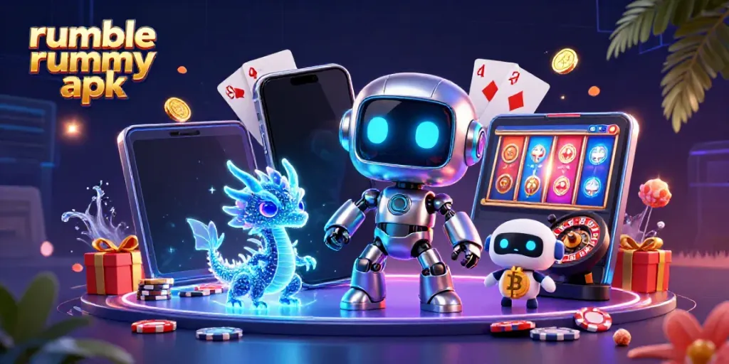Experience the thrill of Rumble Rummy APK with a vibrant 3D scene featuring gaming elements and a unique cyberpunk mascot.