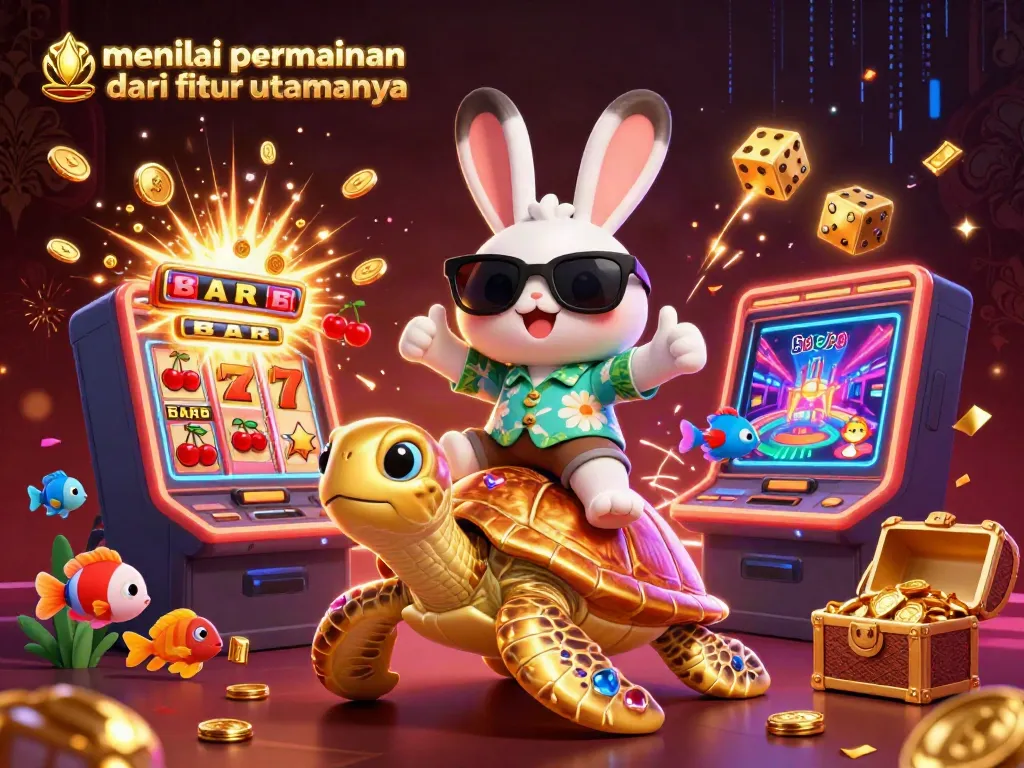 Ilustrasi 3D karakter lucu menilai permainan dari fitur utamanya di mesin slot dengan harta berlimpah