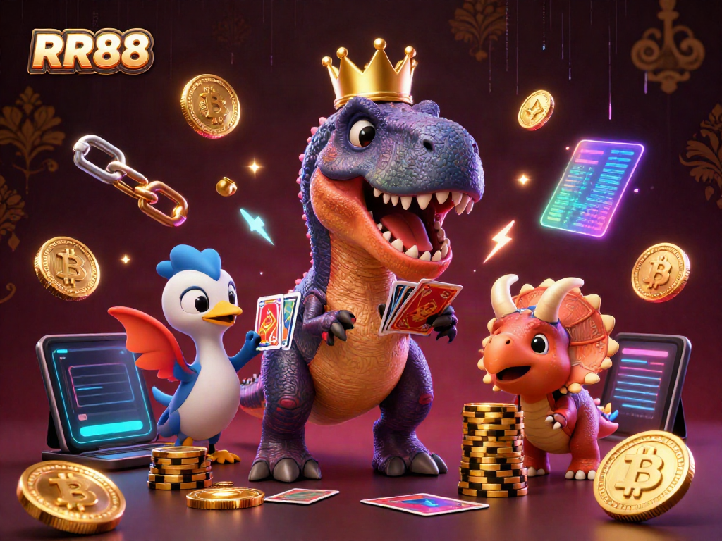 Experience thrilling gameplay as a T-Rex shuffles cards at RR88's vibrant casino scene.