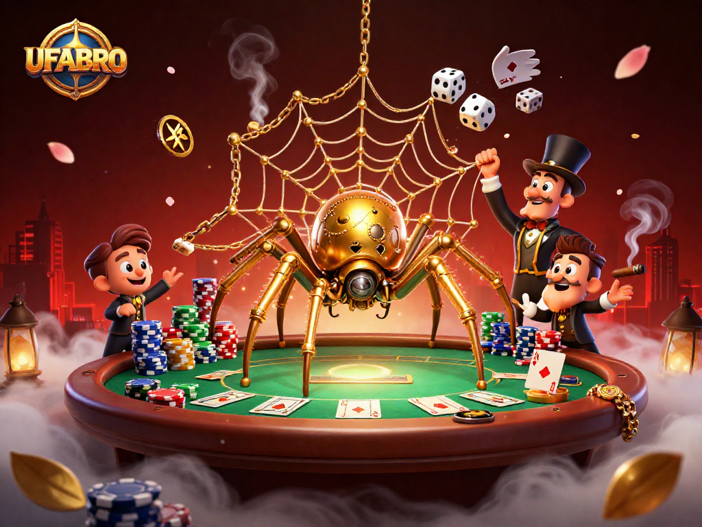 UFABRO's thrilling poker scene features a golden spider and dice trapped in an intricate web.
