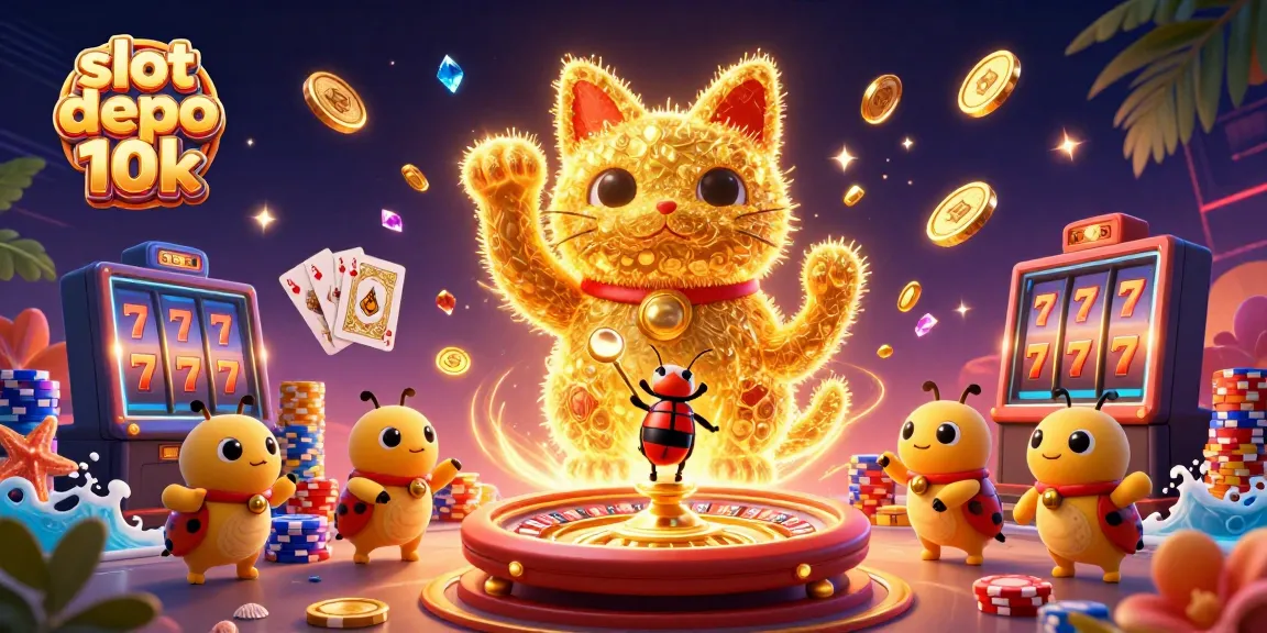 Slot depo 10k menampilkan kucing keberuntungan dan simbol kasino yang dinamis.